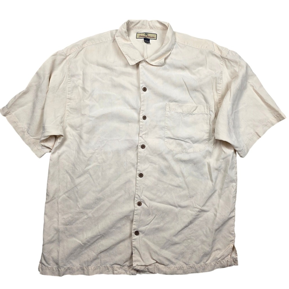 Tommy Bahama Mens Silk Short Sleeve Button Shirt Cream Pineapple Texture Large